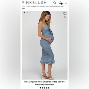 Blue Gingham Print Smocked Fitted Self-Tie Maternity Midi Dress Size Medium